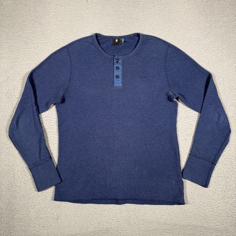 G Star Raw Shirt Mens Medium Blue Henley Pullover Casual Preppy 100% Cotton Logo